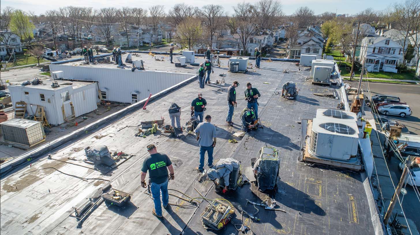 Professional roofer installing metal flashing on flat commercial roof in Nassau County