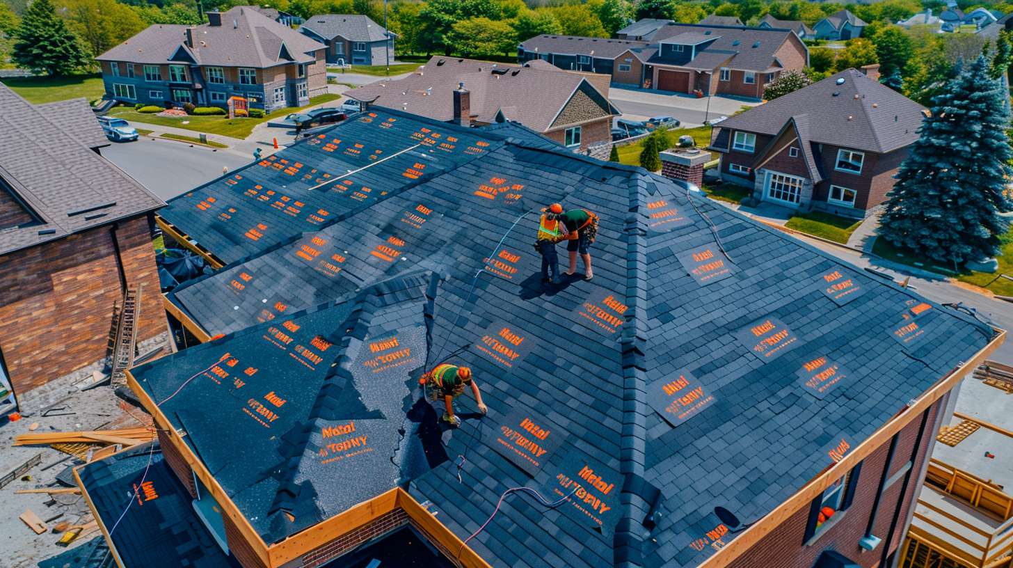 Professional installer securing safety railing system on flat commercial roof in Nassau County