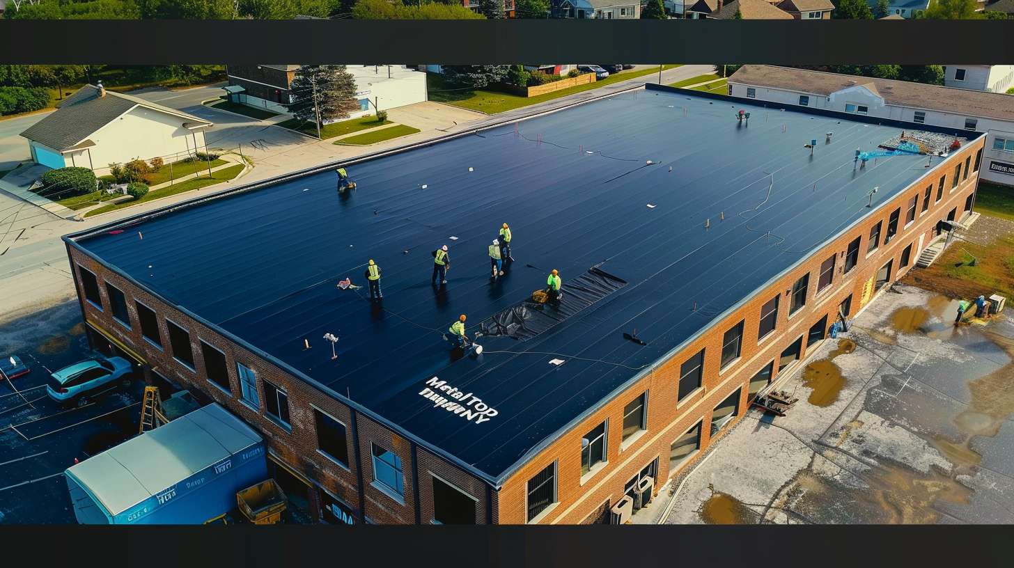 Professional roofer applying EPDM rubber membrane on flat roof in Nassau County, New York