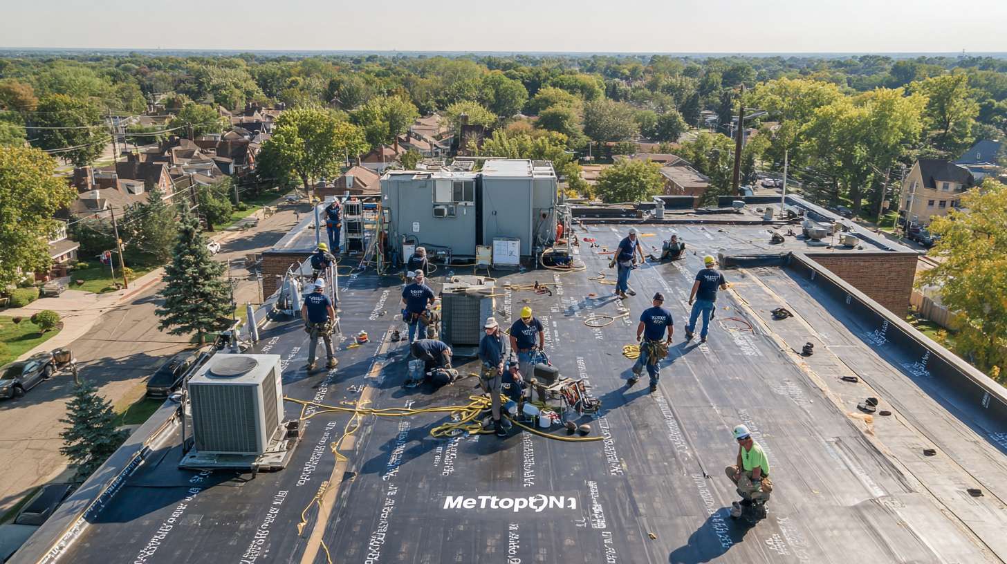 Professional roofer installing vapour barrier membrane on flat roof in Nassau County