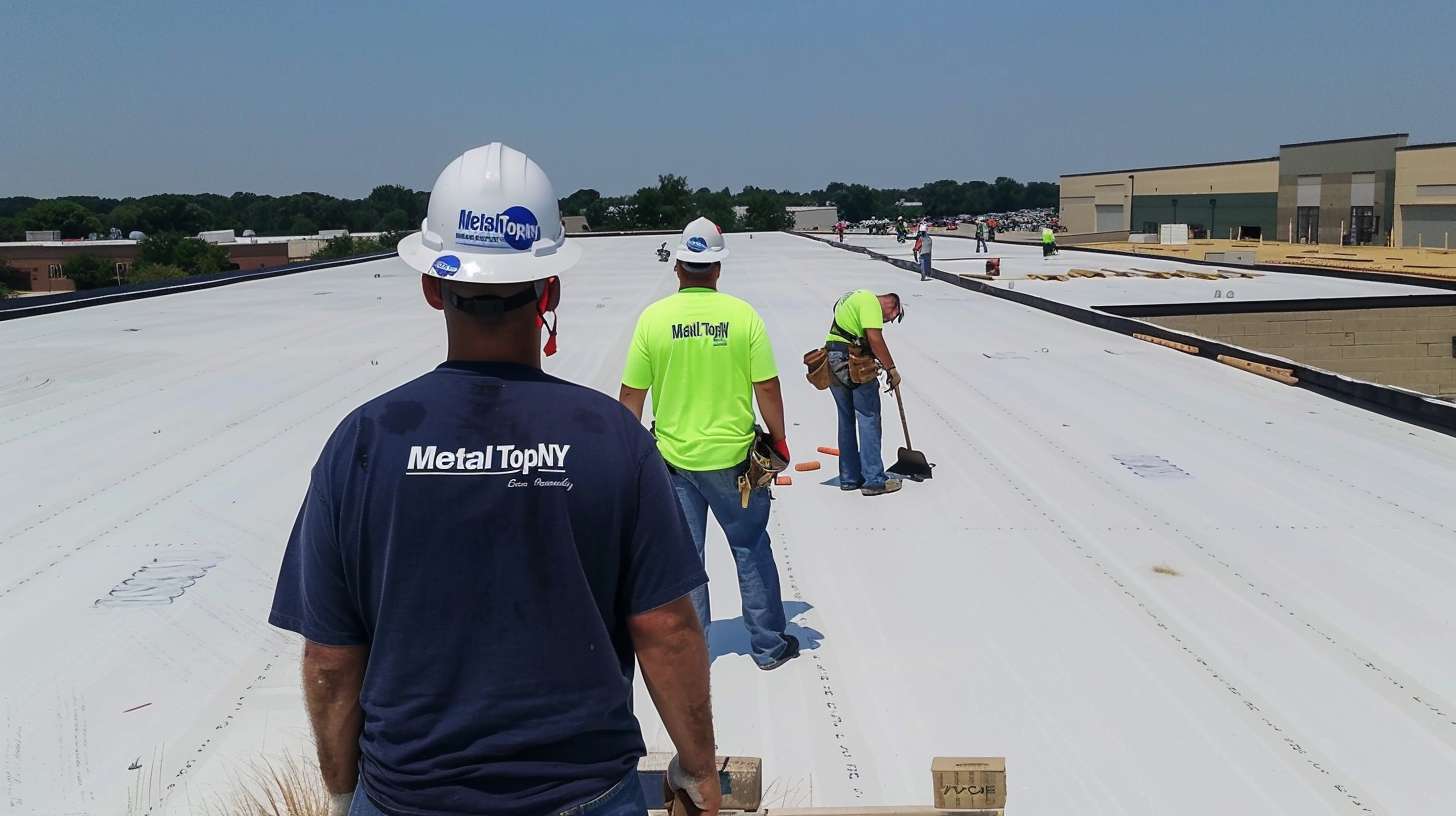 Professional roofer installing flat roofing materials on a commercial building in Nassau County