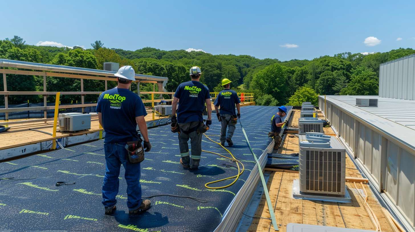 Professional roofer inspecting flat roof membrane for damage in Nassau County Damaged flat roof with ponding water and visible wear requiring replacement Worker installing new EPDM rubber roofing membrane on flat commercial roof Close-up of cracked and deteriorating flat roof surface showing age-related damage Roofing contractor examining flat roof drainage system and gutters for issues Modern flat roof with proper waterproofing and reflective coating recently installed
