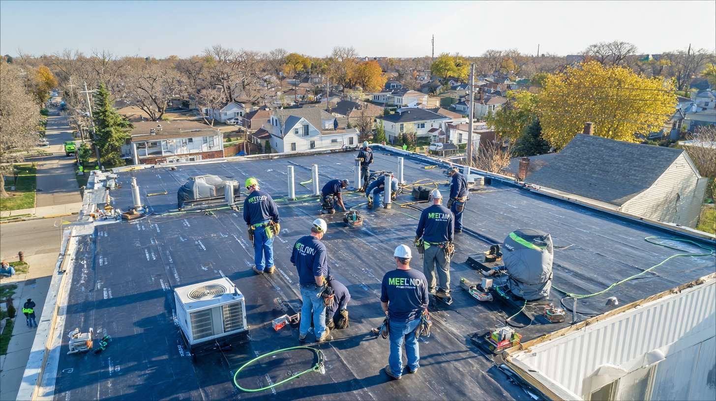 Professional roofer inspecting flat roof surface for damage and wear in Nassau County Homeowner reviewing flat roof maintenance checklist with contractor Close-up of ponding water on flat roof membrane requiring drainage repair Technician applying sealant to flat roof seams and joints Damaged flat roof with cracks and blistering membrane needing repair Worker clearing debris from flat roof drainage system Before and after comparison of restored flat roof in Nassau County Professional flat roof inspection using moisture detection equipment