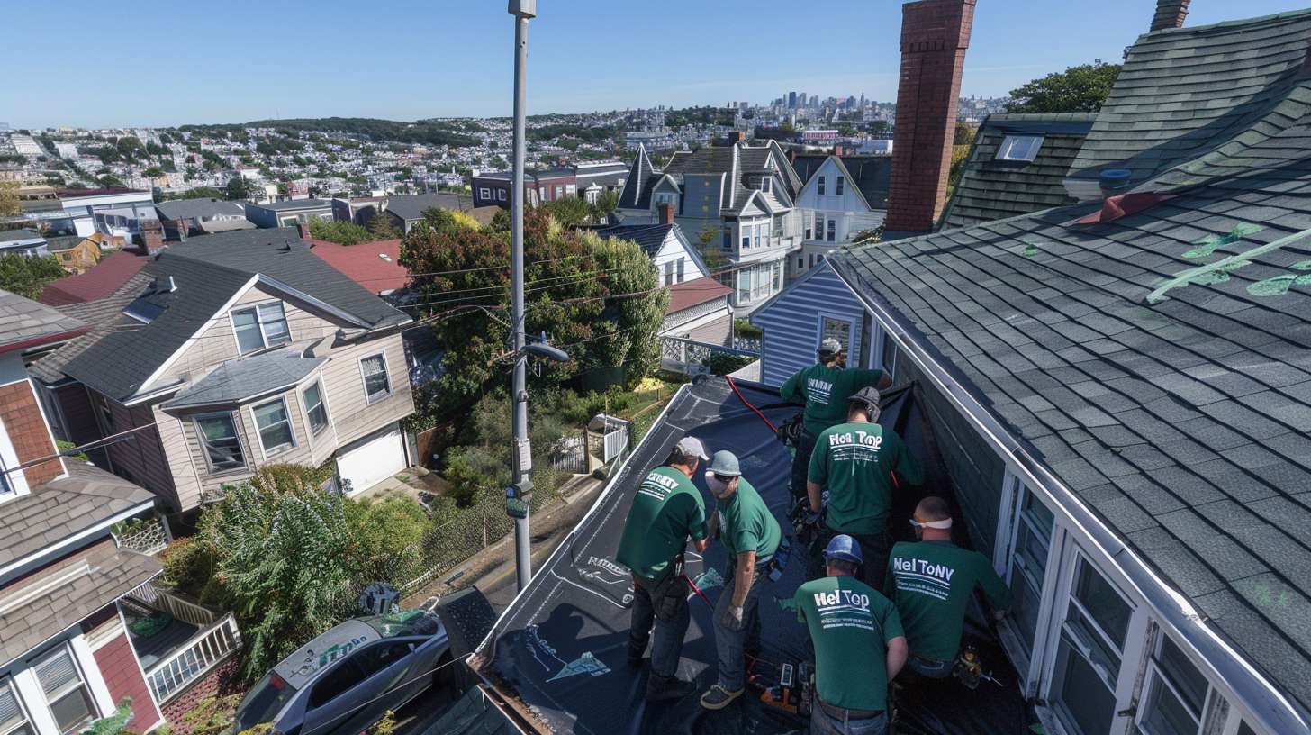 Commercial flat roof installation on building in East Meadow Residential flat roof repair with modern waterproof membrane Professional roofer applying flat roofing materials on commercial property Close-up of durable EPDM rubber flat roofing system Flat roof inspection and maintenance service in East Meadow area