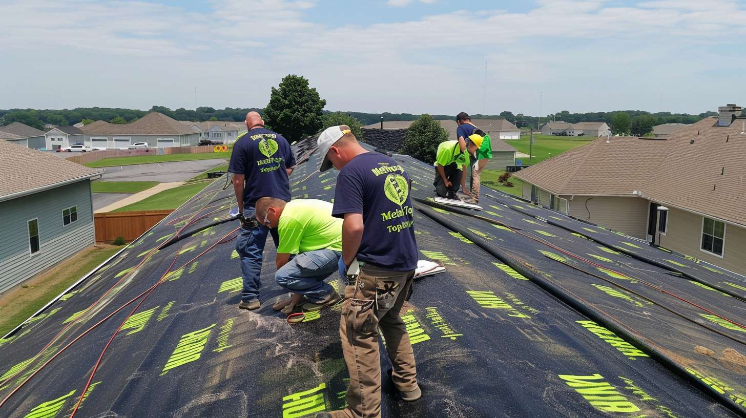 Professional roofer repairing flat roof in East Massapequa neighborhood