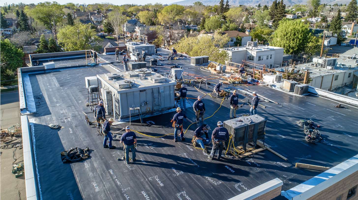 Professional flat roof installation being completed on a North Massapequa commercial building