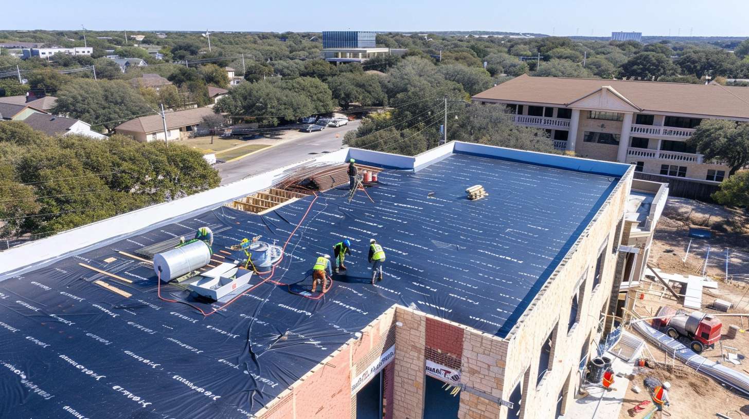 Professional flat roof installation team working on commercial building in Jericho, NY