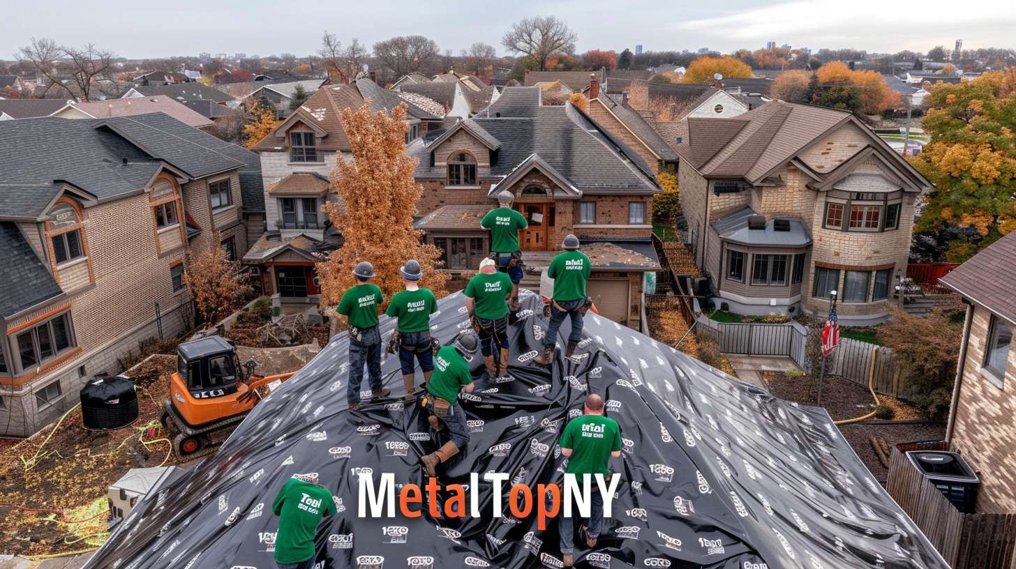 Professional roofer repairing flat roof with tools and materials in Plainedge, NY