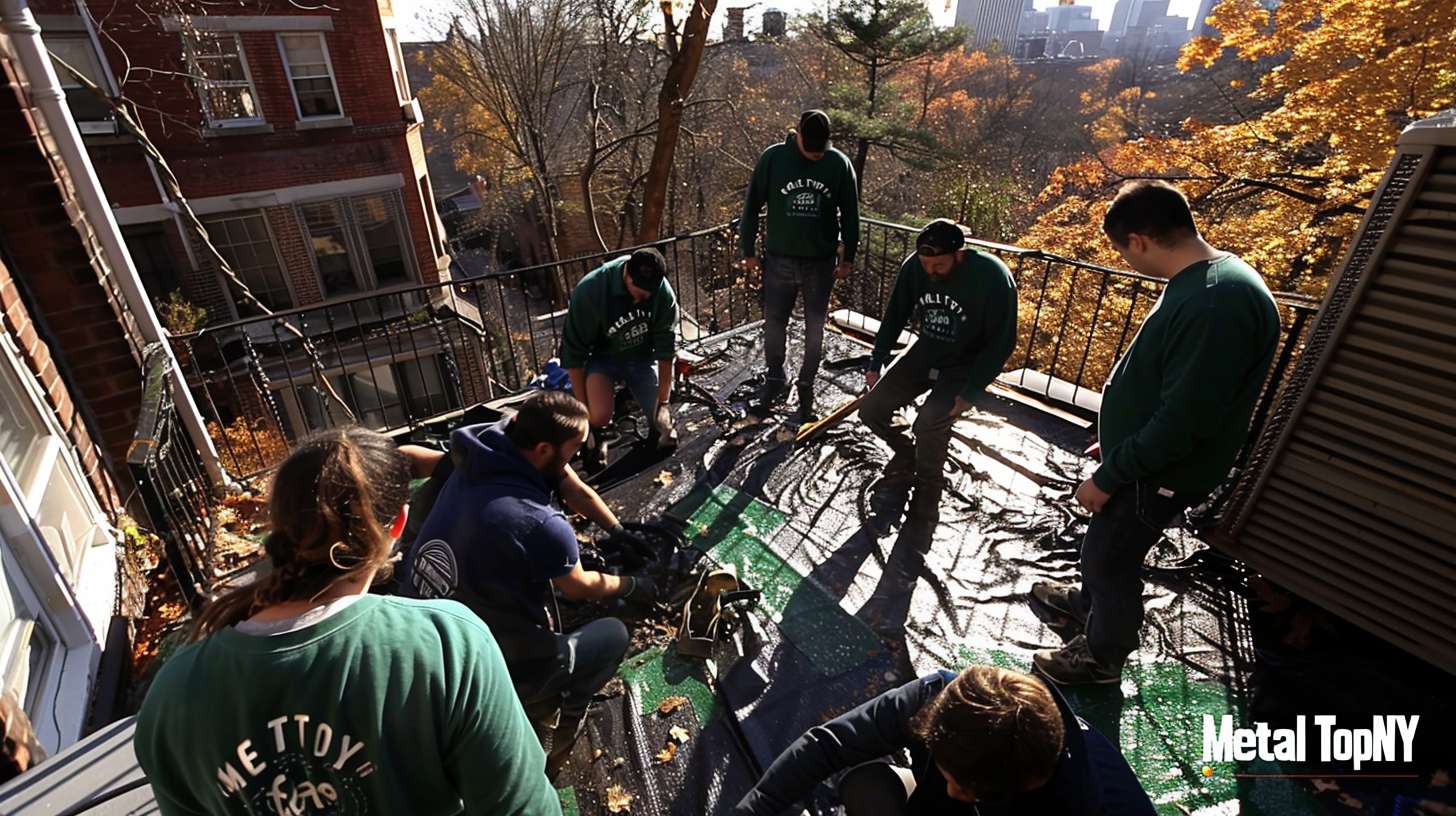 Professional roofers installing a flat roof system on a Farmingdale commercial building