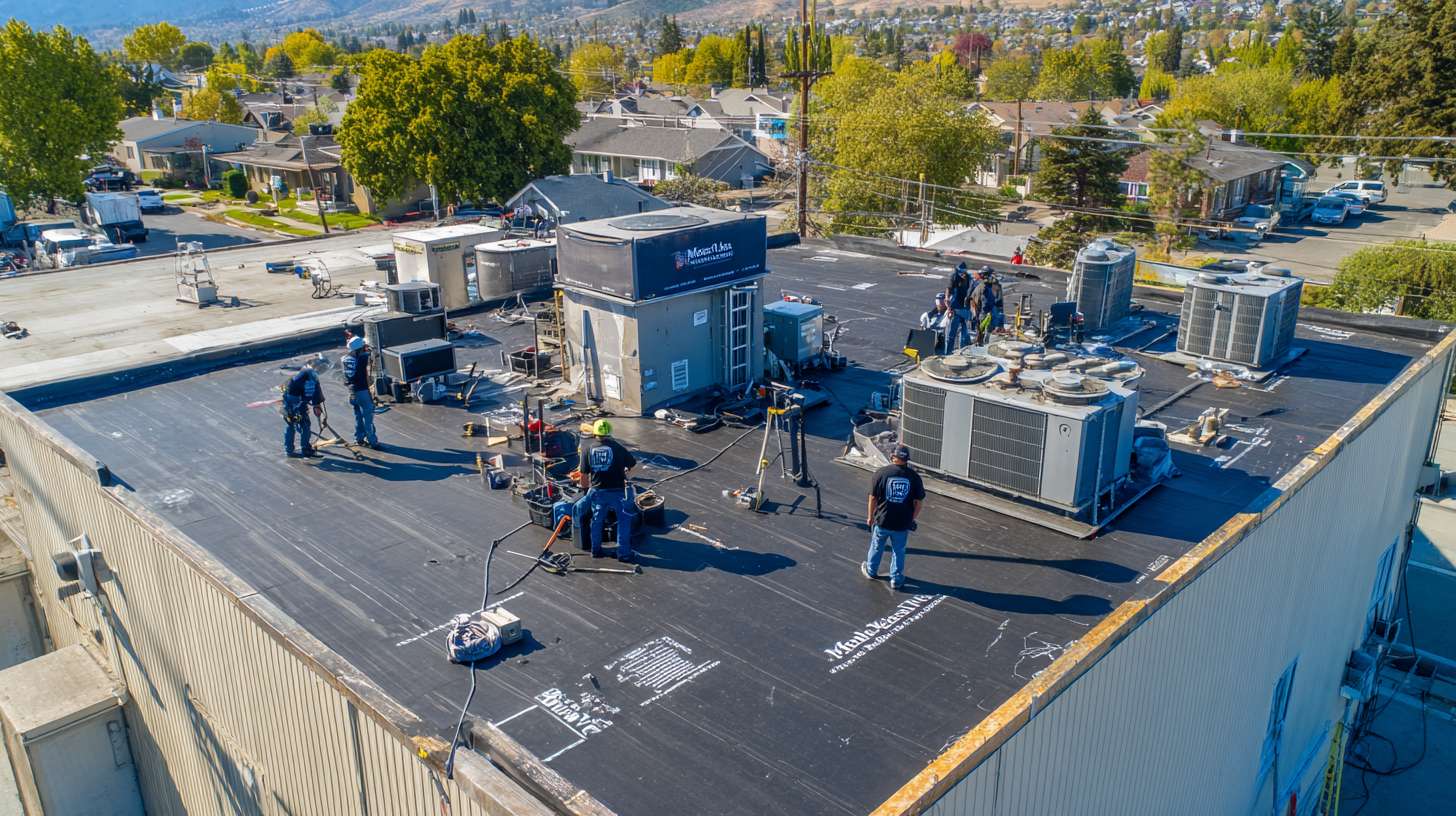 Flat roof repair work being performed on commercial building in Bellmore, NY