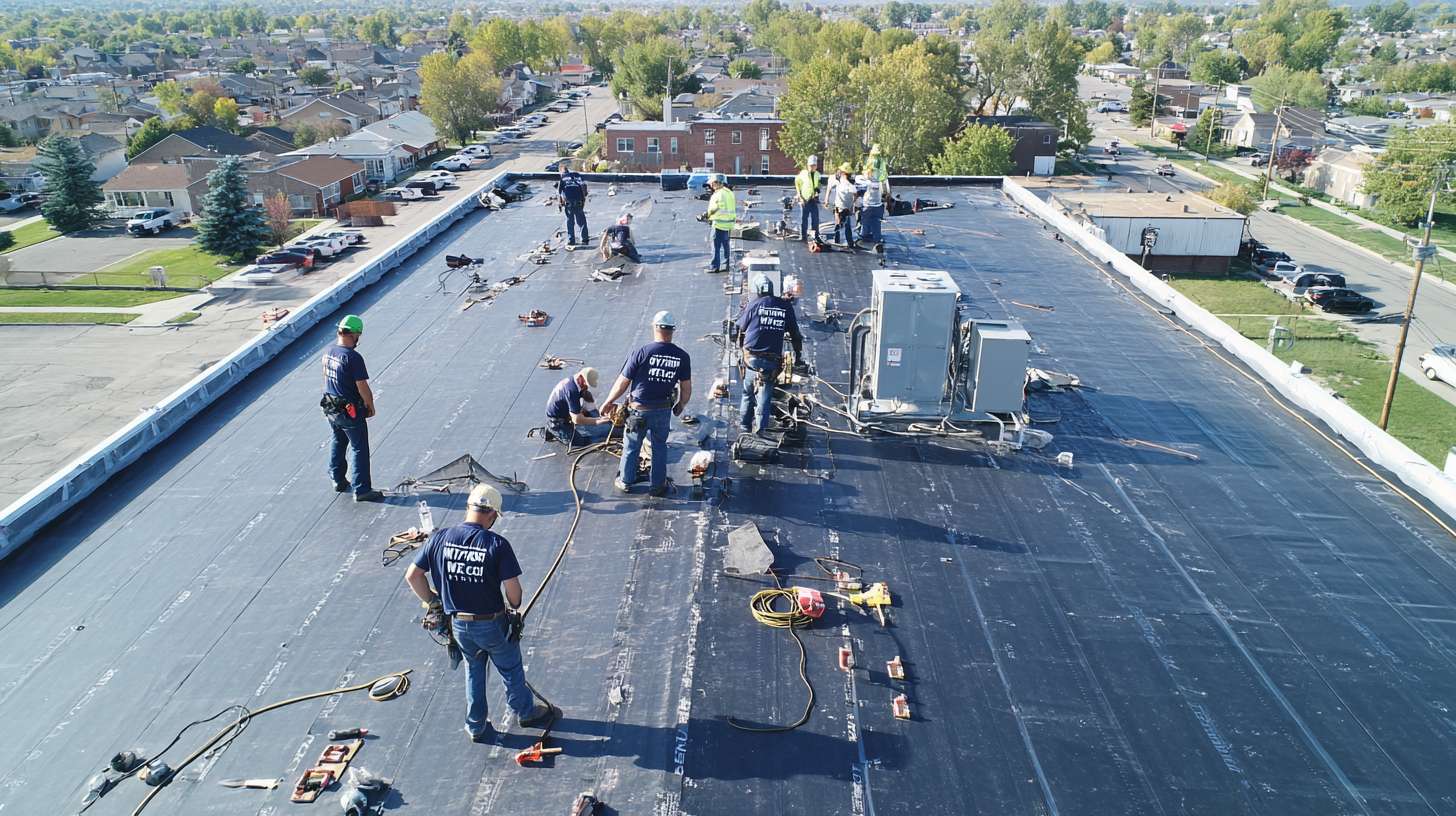 Professional roofer installing EPDM rubber membrane on flat roof in Uniondale