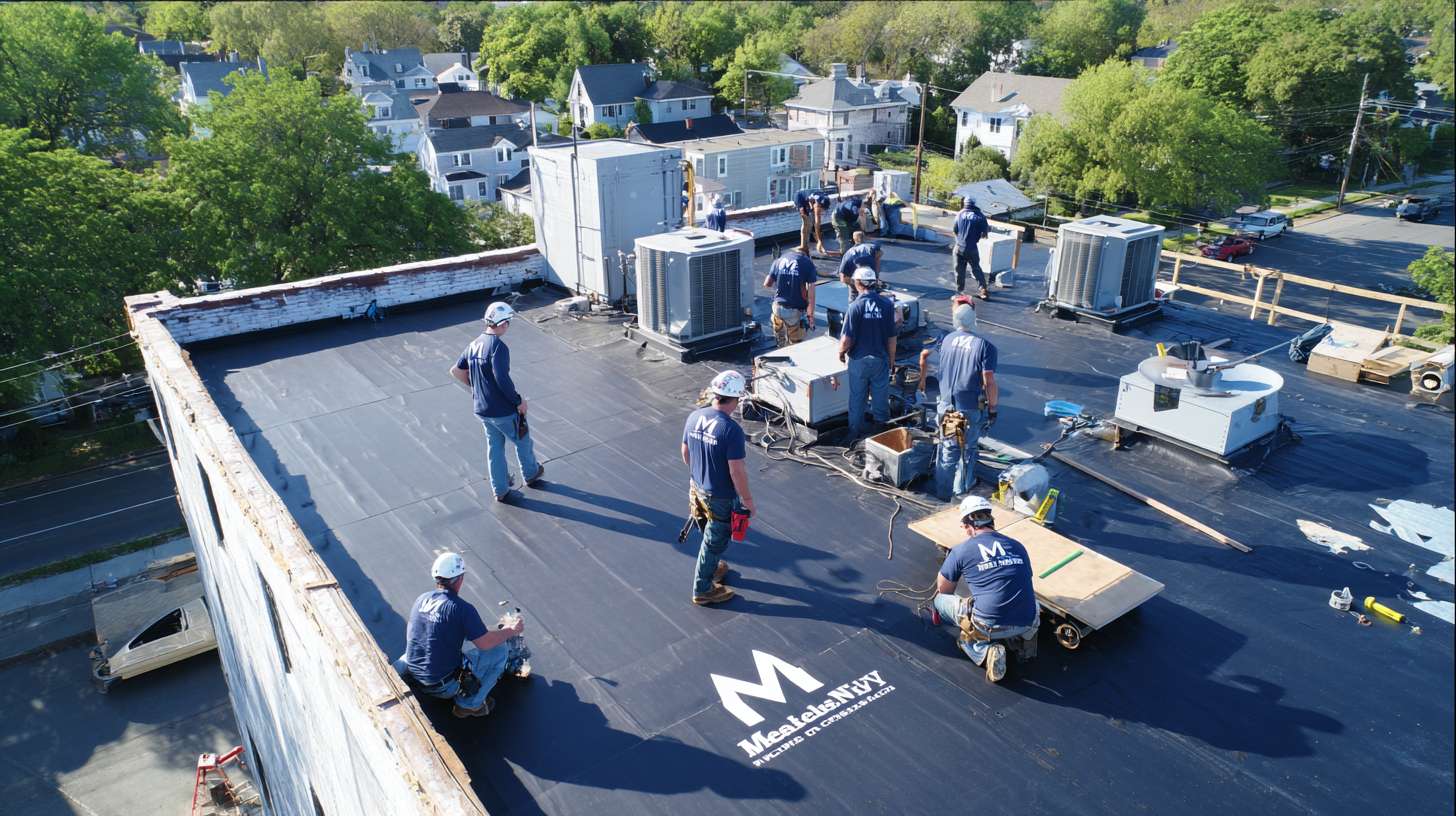 Professional flat roof installation being completed on Franklin Square commercial building