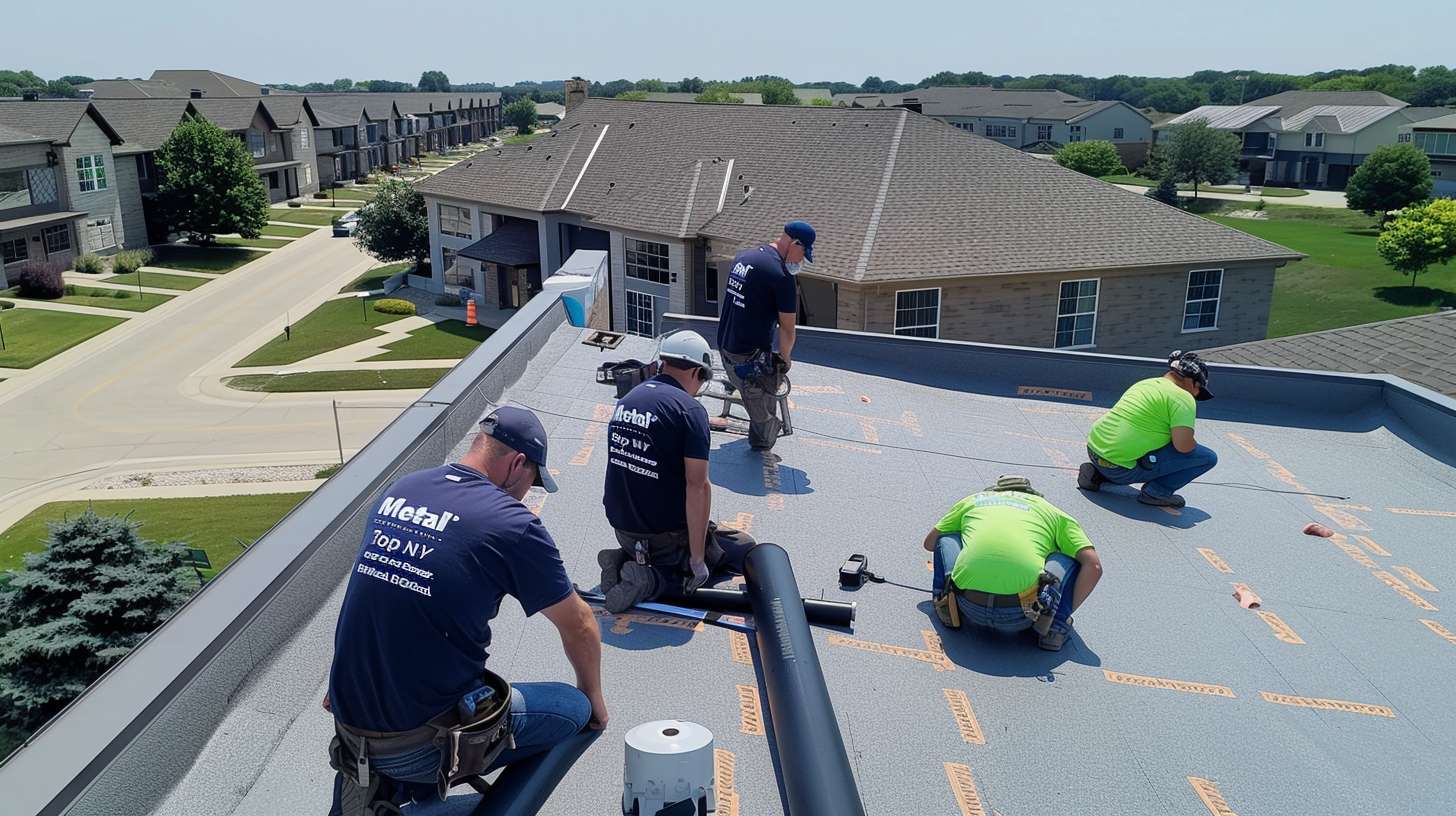 Professional flat roof replacement in progress on Garden City Park commercial building
