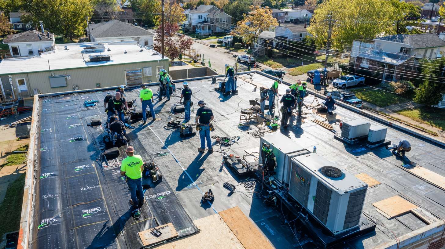 Flat roof installation in progress on Glenwood Landing commercial building