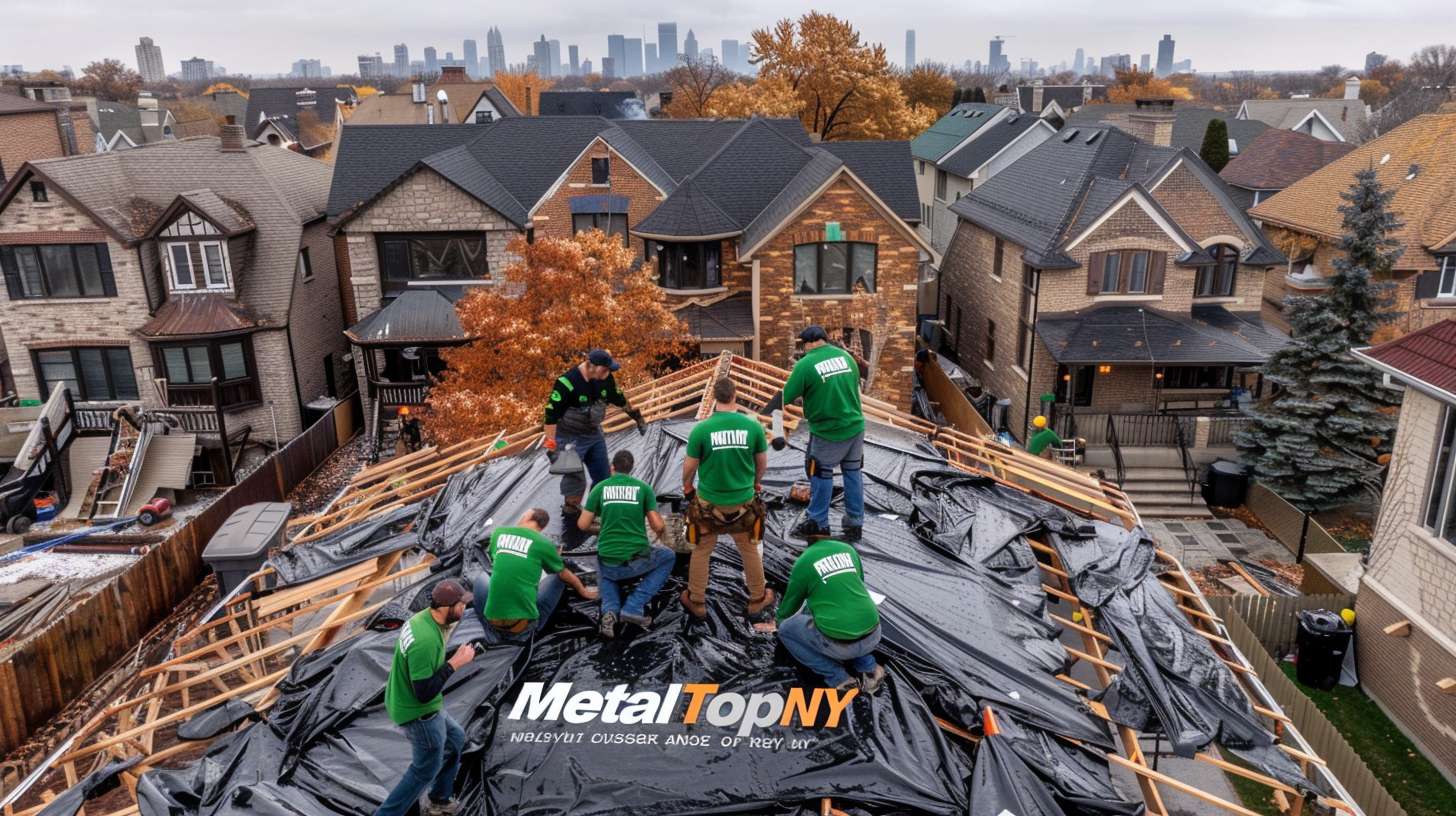 Professional roofer repairing flat roof in Great Neck Plaza with specialized tools and materials