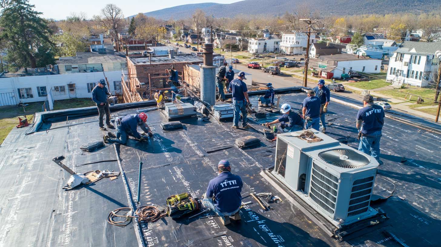 Professional roofer repairing flat roof on commercial building in Hicksville