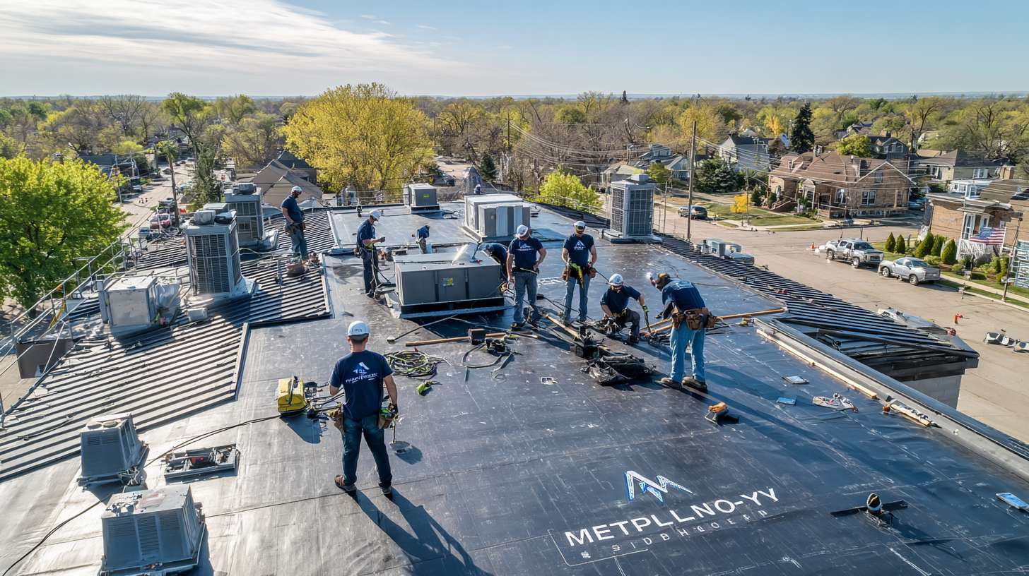 Roofing specialist repairing flat roof with tools and materials in Island Park