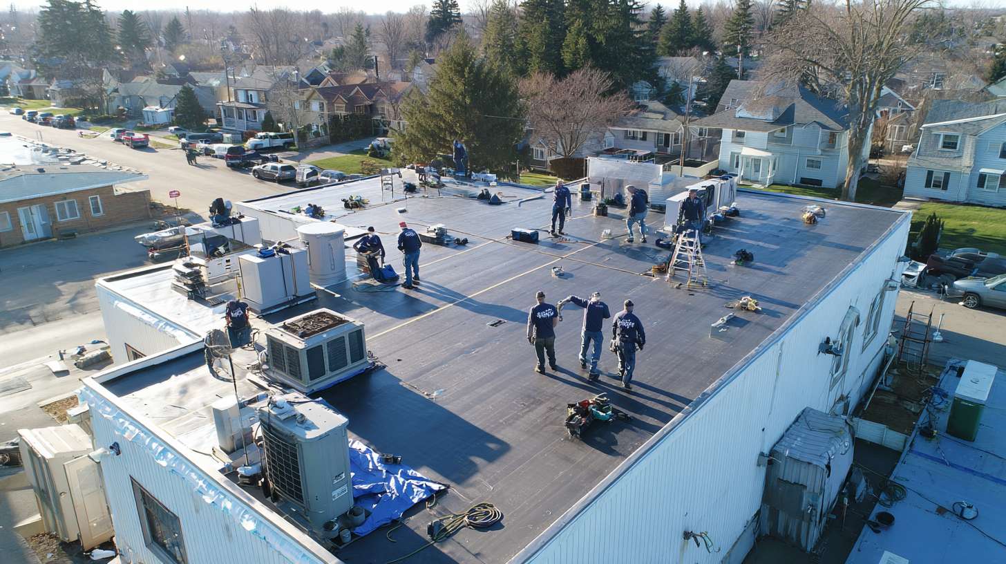 Flat roof repair technician applying waterproof sealant in Levittown