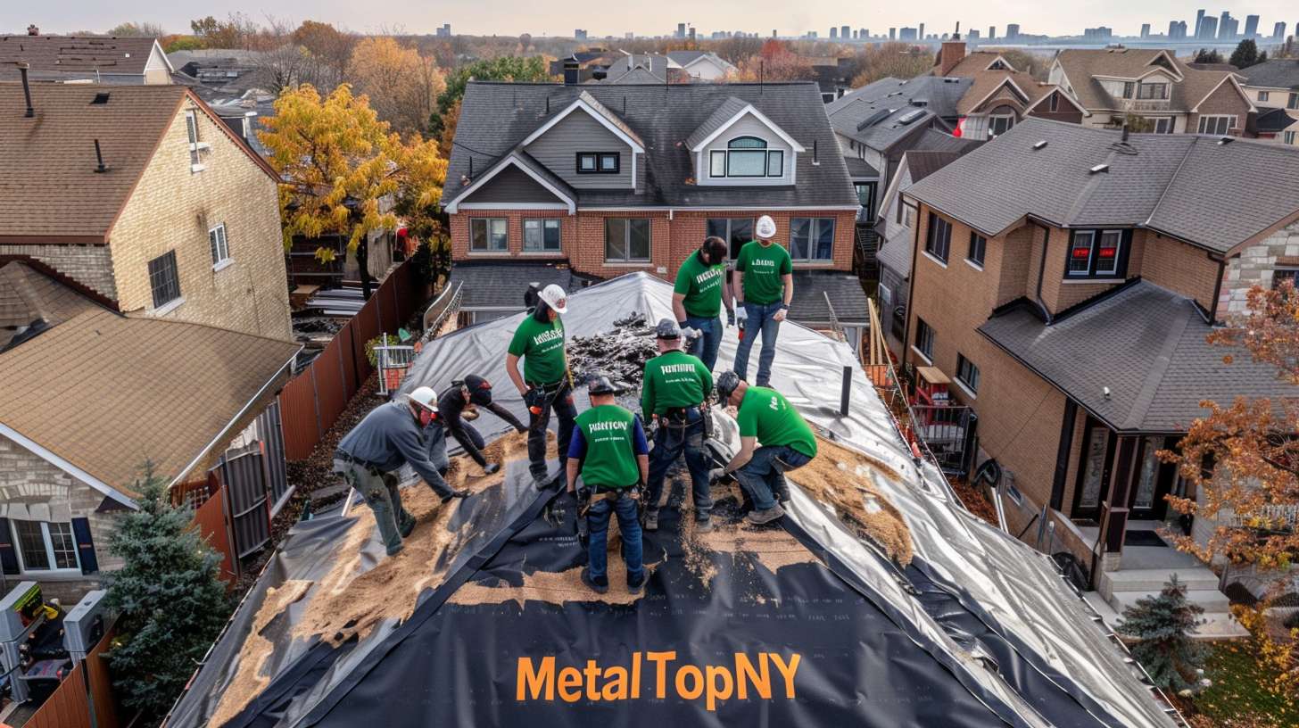Flat roof installation crew working on commercial building in Locust Valley Completed flat roof system with modern membrane coating and drainage Professional roofers applying waterproof membrane to flat roof surface Flat roof detail showing layers of insulation and protective coating