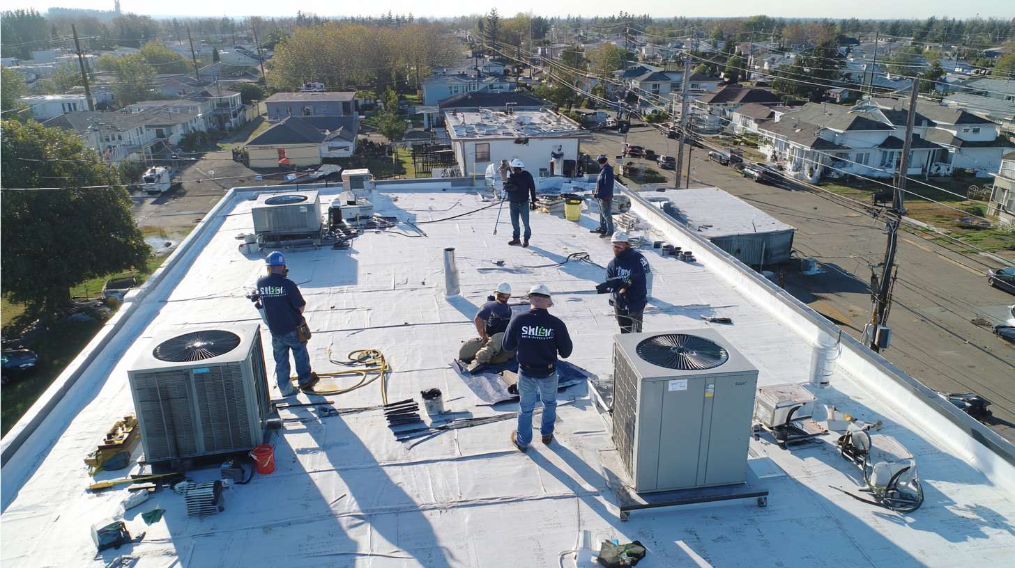 Professional roofer installing flat roofing material on commercial building in Massapequa Damaged flat roof with pooling water requiring repair or replacement Completed flat roof replacement showing smooth membrane surface and proper drainage