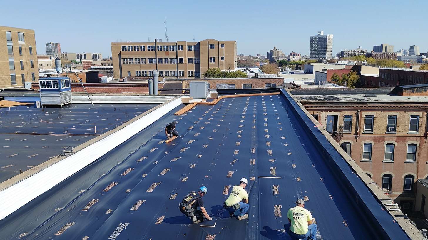 Professional flat roof installation on commercial building in Massapequa Park