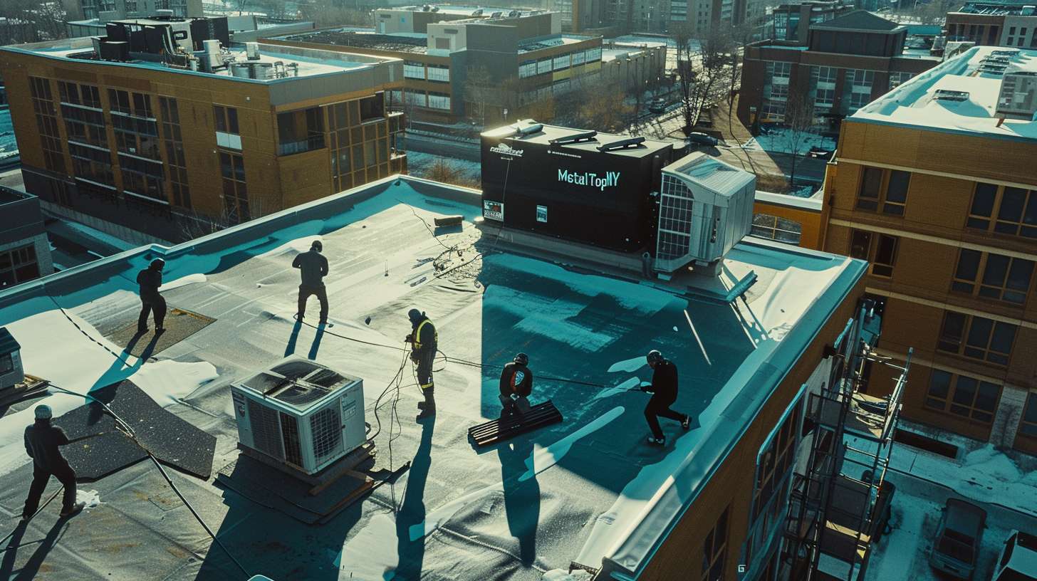 Professional flat roof replacement being performed on Mill Neck commercial building by certified roofing specialists