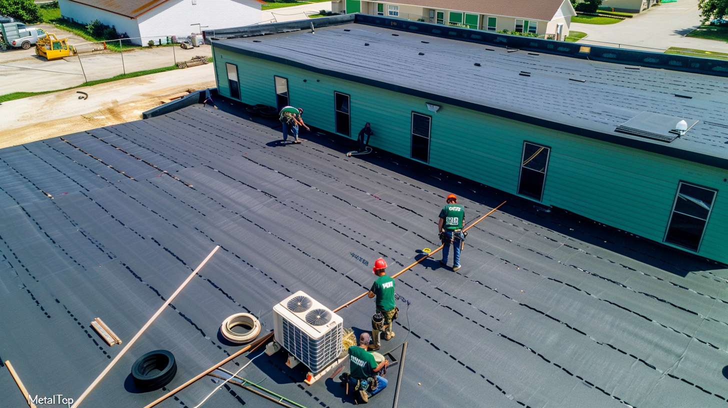 Professional flat roof repair work being performed on a New Hyde Park commercial building