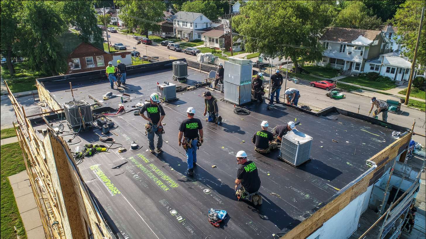 North Merrick flat roof repair technician inspecting and fixing commercial roofing system