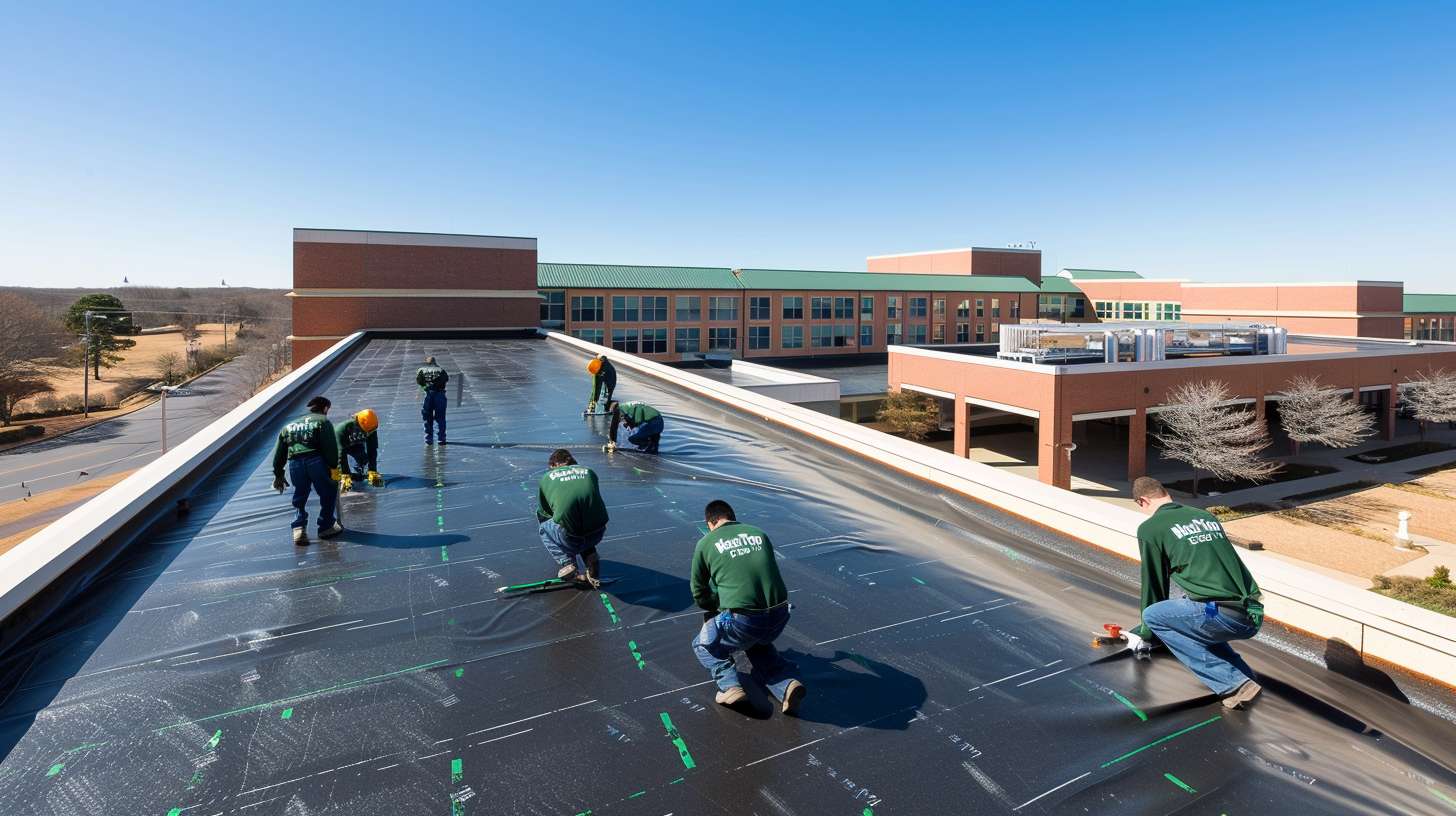 Professional roofer repairing flat roof in North New Hyde Park residential area