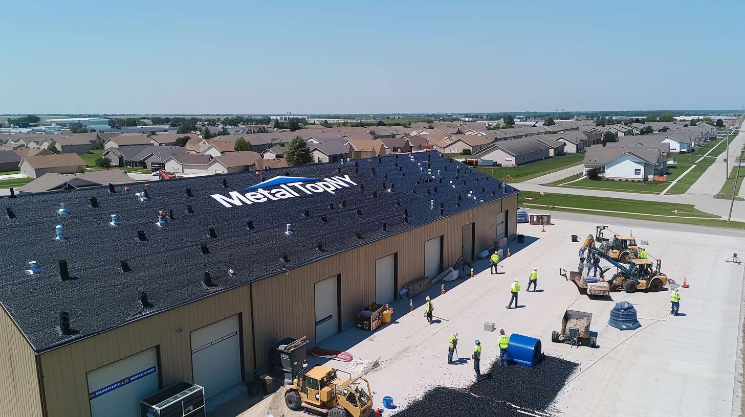 Professional roofing crew installing flat roof system on North Wantagh commercial building