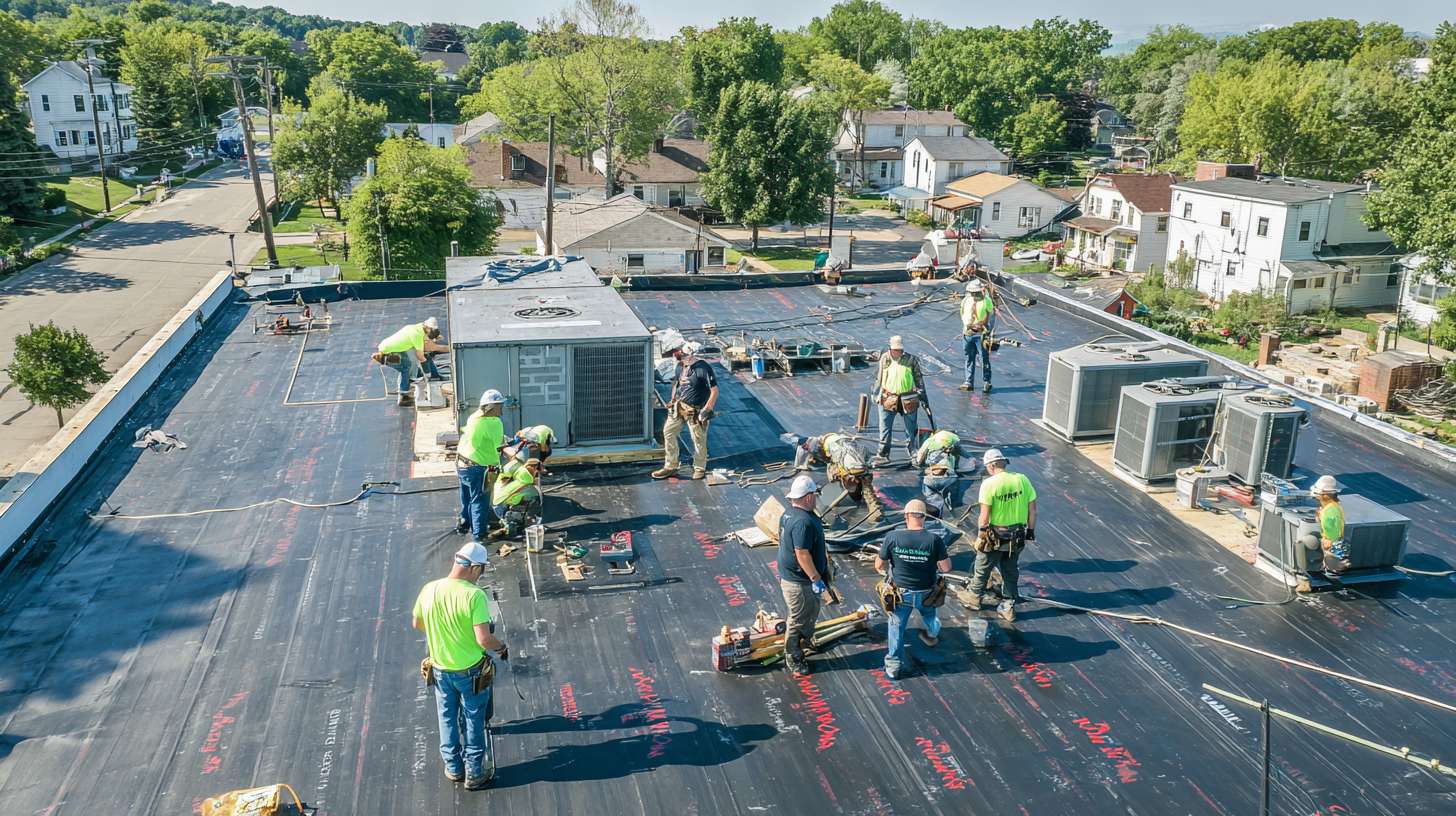 Professional flat roof installation on Old Westbury commercial building with modern waterproof membrane system