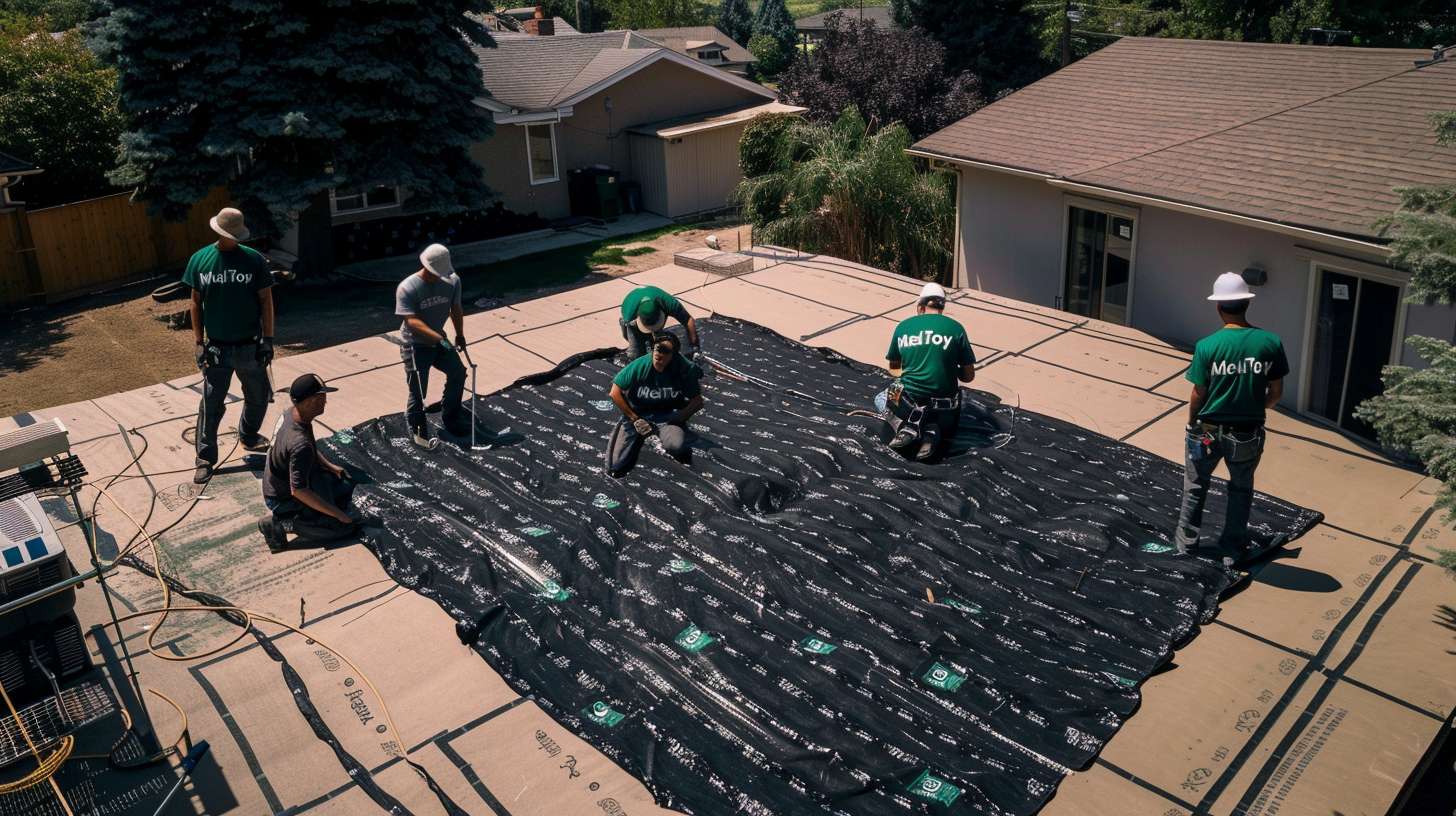 Professional flat roof installation crew working on commercial building in Point Lookout Completed flat roof system with proper drainage and waterproof membrane Close-up of EPDM rubber roofing material being applied to flat surface Flat roof repair showing damaged section being replaced with new materials Modern commercial building with newly installed flat roofing system in Point Lookout