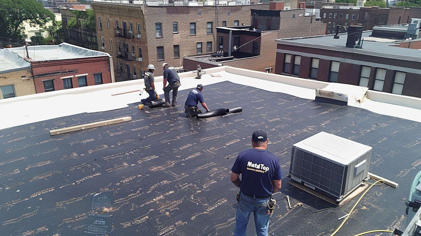 Professional flat roof installation on commercial building in Long Beach with workers applying waterproof membrane