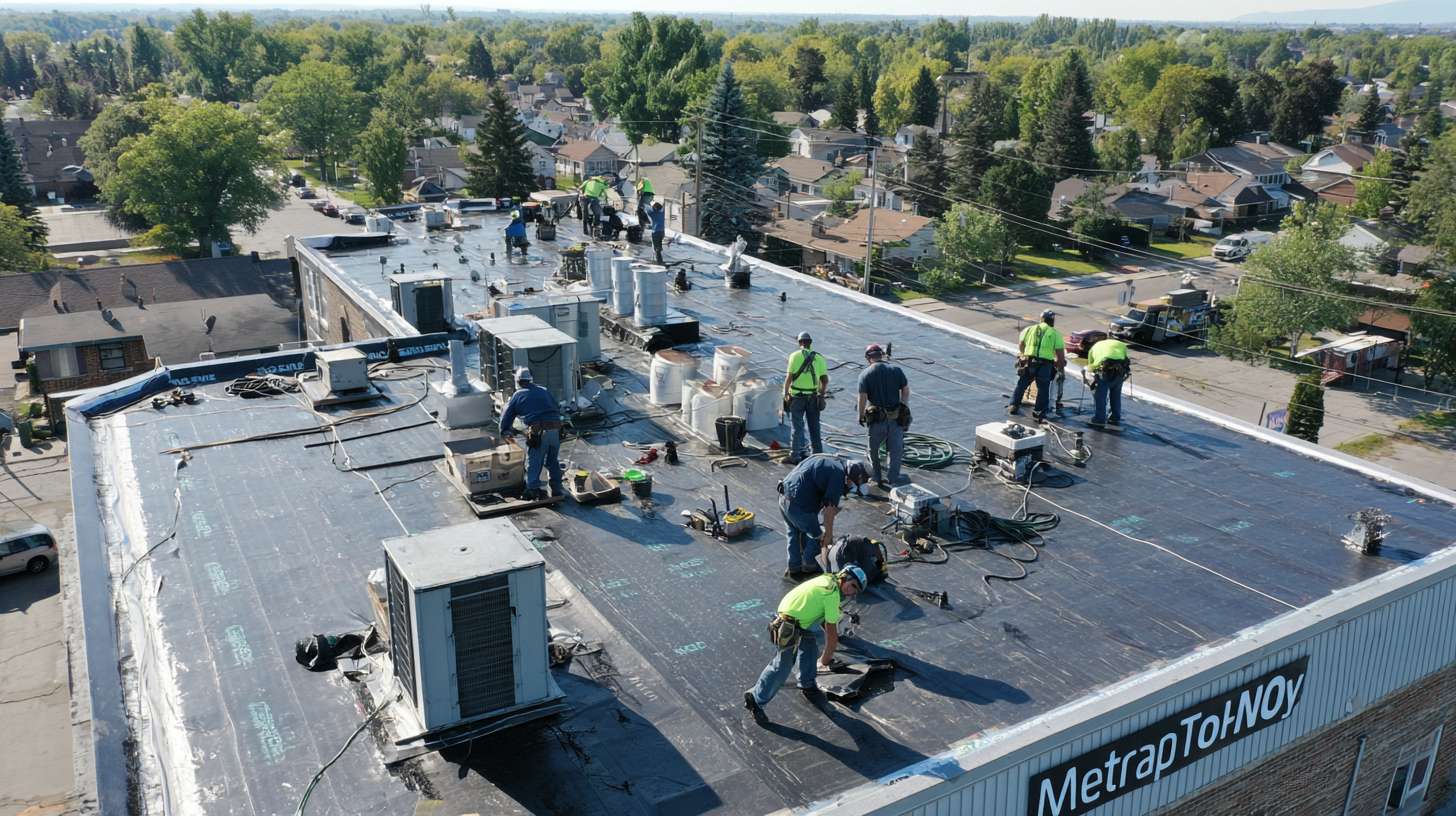 Professional flat roof installation team working on commercial building in Merrick Durable EPDM rubber roofing membrane being applied to flat roof surface Modern flat roof with proper drainage system and waterproof coating Skilled roofer inspecting and maintaining flat roof to prevent leaks Commercial flat roof repair showing sealed seams and protective layers