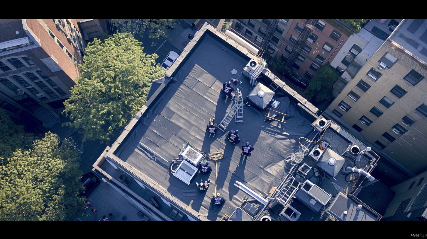Professional roofer installing flat roofing membrane on commercial building in Wantagh