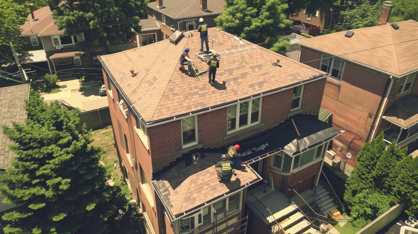 Professional flat roof installation crew working on commercial building in Westbury, New York