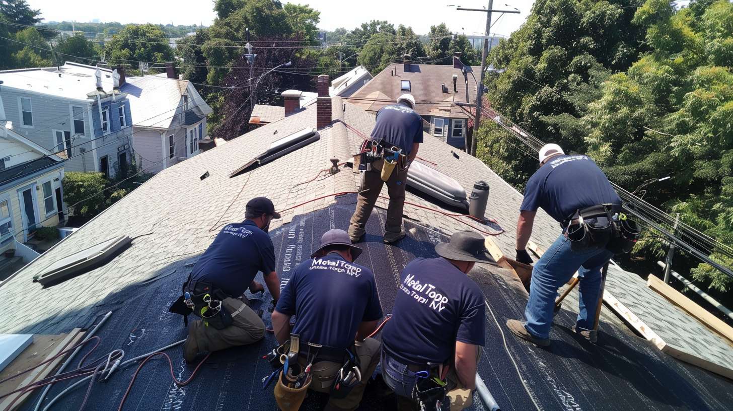 Professional flat roof installation team working on commercial building in East Rockaway