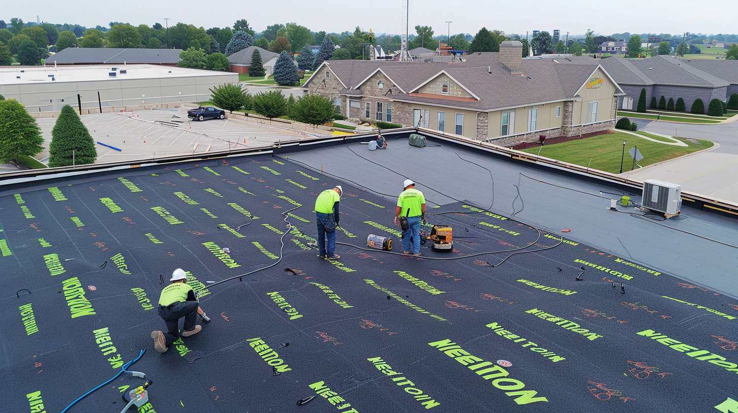 Professional flat roof installation on commercial building in Cedarhurst Roofer applying waterproof membrane to flat roof surface Close-up of durable EPDM rubber roofing material Completed flat roof with proper drainage system and flashing Roofing crew inspecting flat roof integrity and seams Modern flat roof with reflective coating for energy efficiency