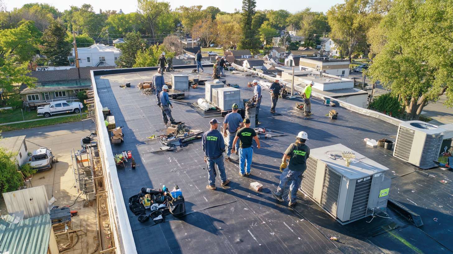 Professional flat roof installation on commercial building in Old Bethpage Roofing contractor applying waterproof membrane to flat roof surface Close-up of durable EPDM rubber roofing material installation Completed flat roof with proper drainage system and sealed edges Experienced roofer inspecting flat roof quality and workmanship