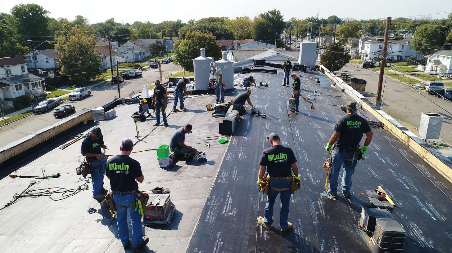 Professional flat roof installation on residential building in Oyster Bay Roofer applying waterproof membrane to commercial flat roof Modern flat roof with proper drainage system and weather protection Completed flat roofing project showing durable EPDM rubber surface Roofing crew inspecting and repairing flat roof in Oyster Bay neighborhood