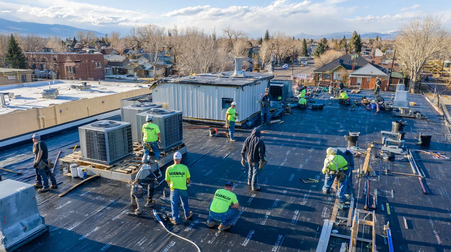 Professional roofer installing flat roofing materials on commercial building in Rockville