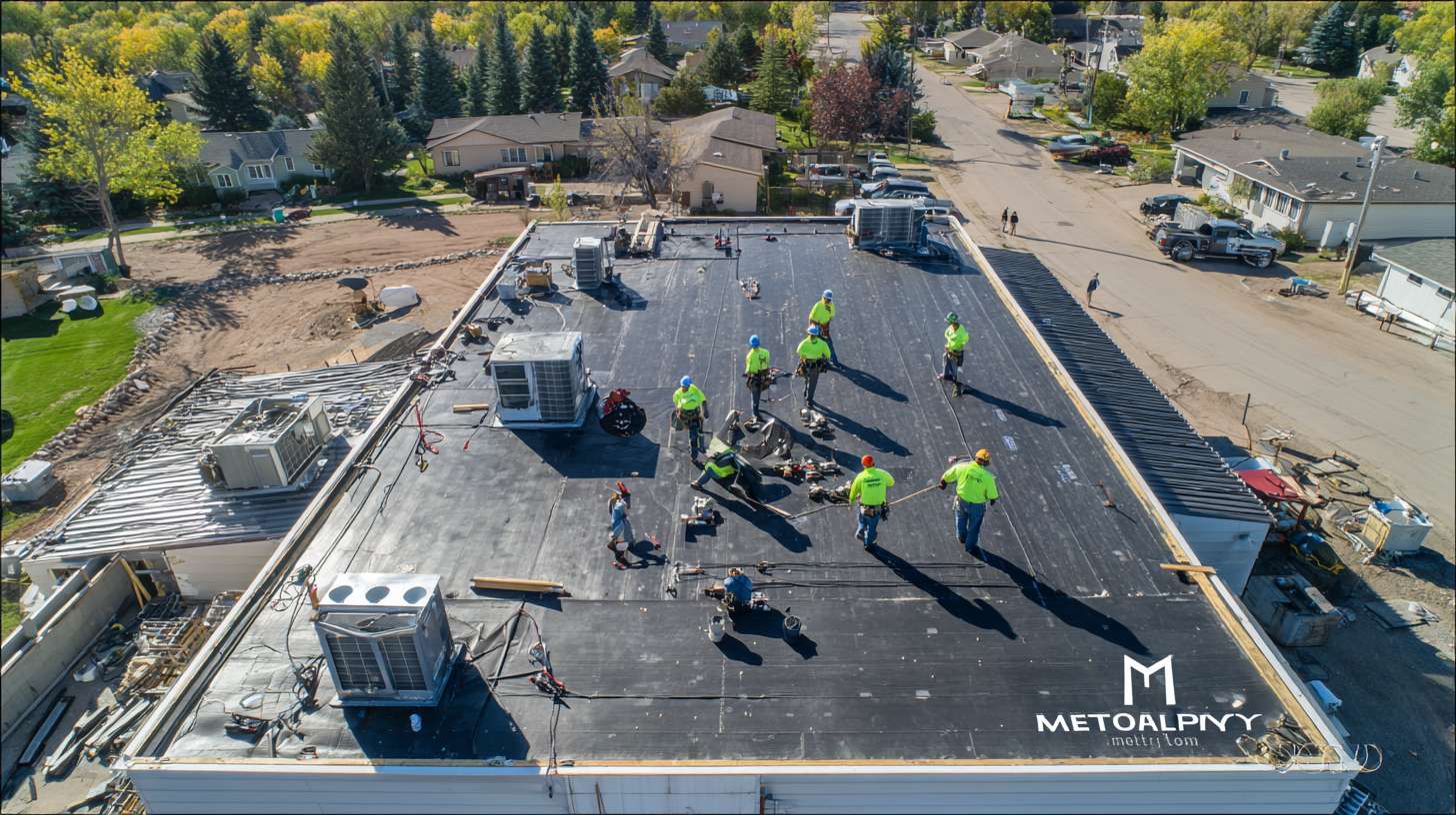 Professional flat roof installation team working on commercial building in South Farmingdale