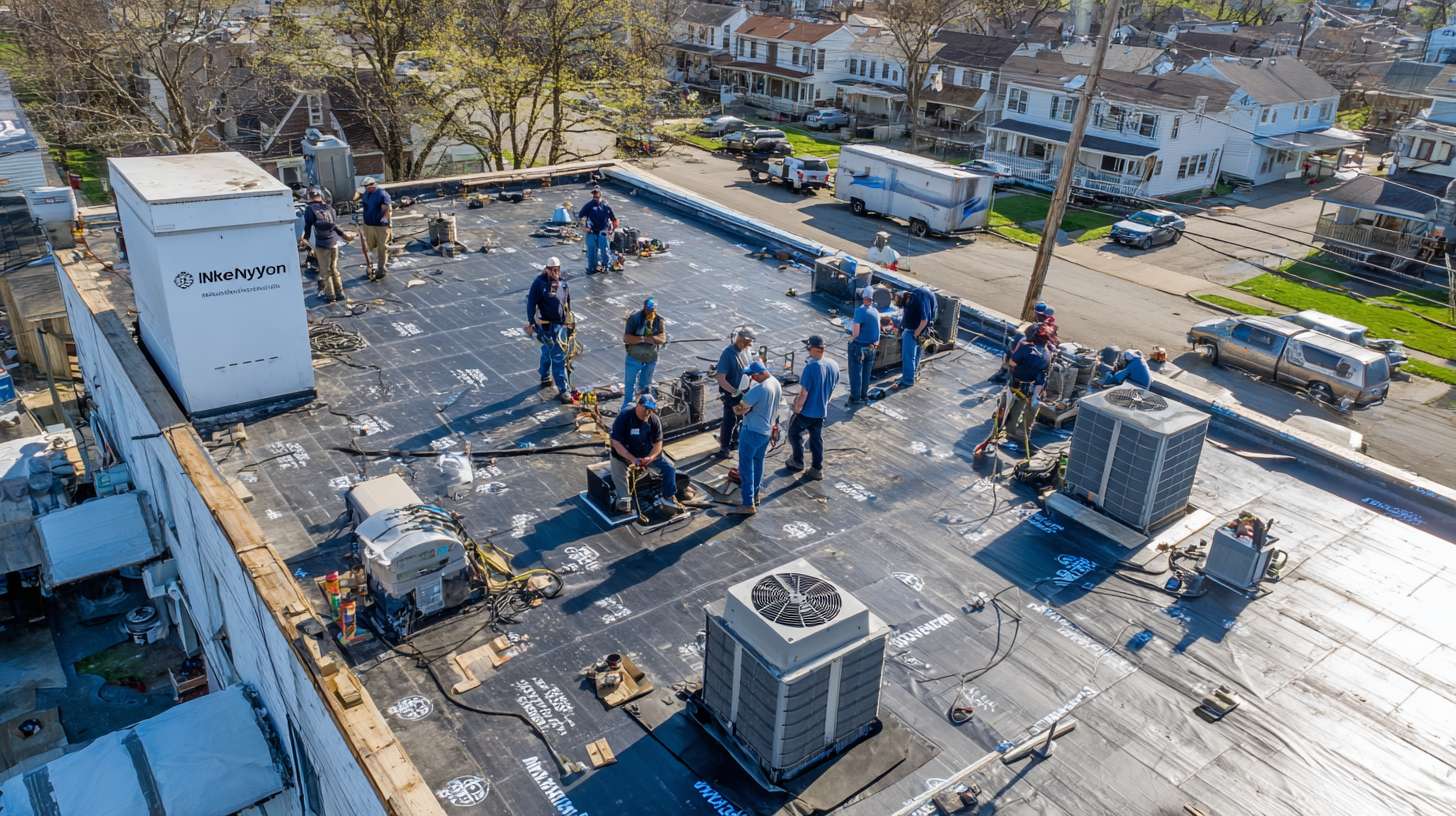 Professional flat roof installation on commercial building in Stewart Manor Experienced roofing crew applying TPO membrane to flat roof surface Completed flat roof system with proper drainage and waterproofing Modern commercial building with newly installed flat roof in Stewart Manor Close-up of seamless flat roof membrane installation detail Roofing contractor inspecting finished flat roof quality and durability