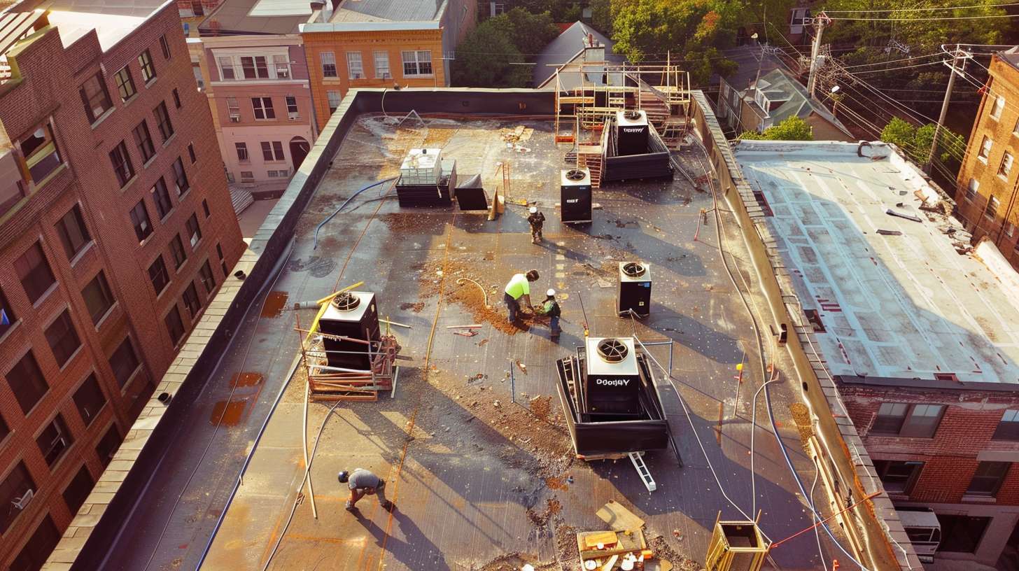 Professional flat roof installation on commercial building in Woodbury Experienced roofing contractor applying waterproof membrane to flat roof surface Modern flat roof system with proper drainage and protective coating Commercial flat roofing project completed by Woodbury contractors Flat roof inspection and maintenance service in progress Durable EPDM rubber roofing material for flat roof applications Completed flat roof installation with seamless weatherproof finish