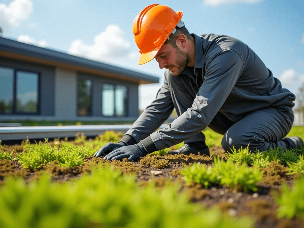 Showing Roofer doing green roof installation