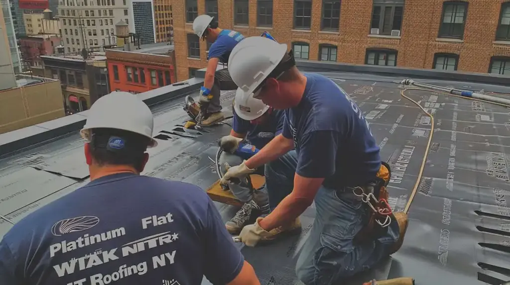 roofers doing torch down roofing on a commercial roof