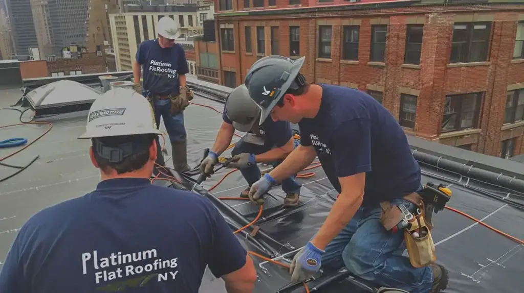 Image roofers working on a roof drainage
