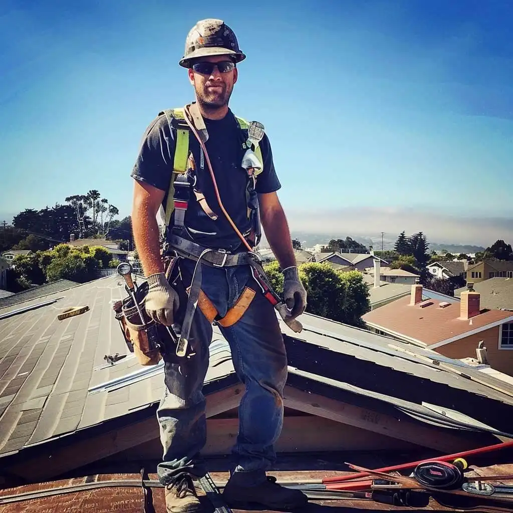 image of roofer standing on top of residential roofing after roof hatch installation