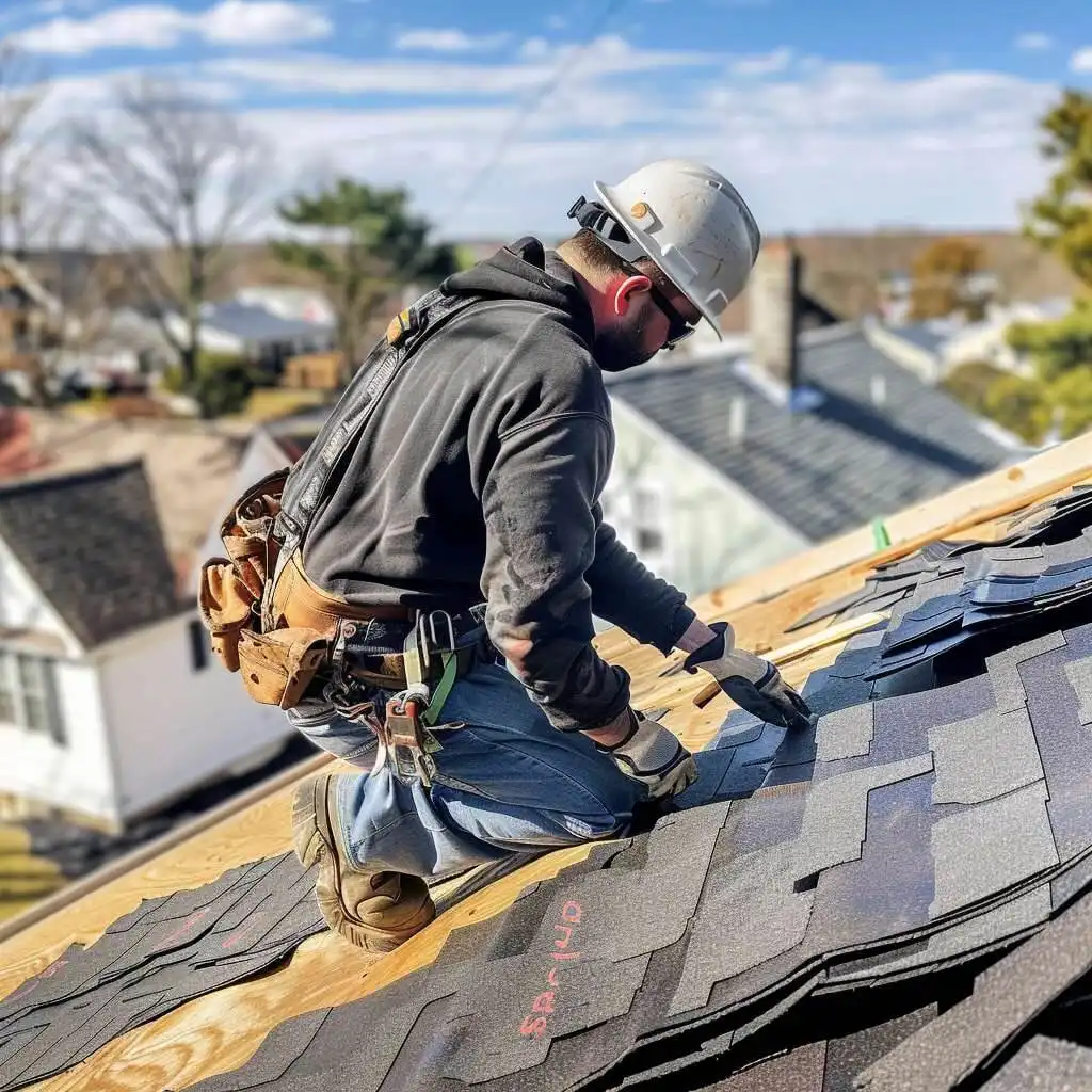 image of roofers working on a residential flat roofing in Nassau County